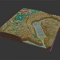 Cartoon Style 3D Terrain Model with River Greenery Red Roof Buildings Bridge and Path