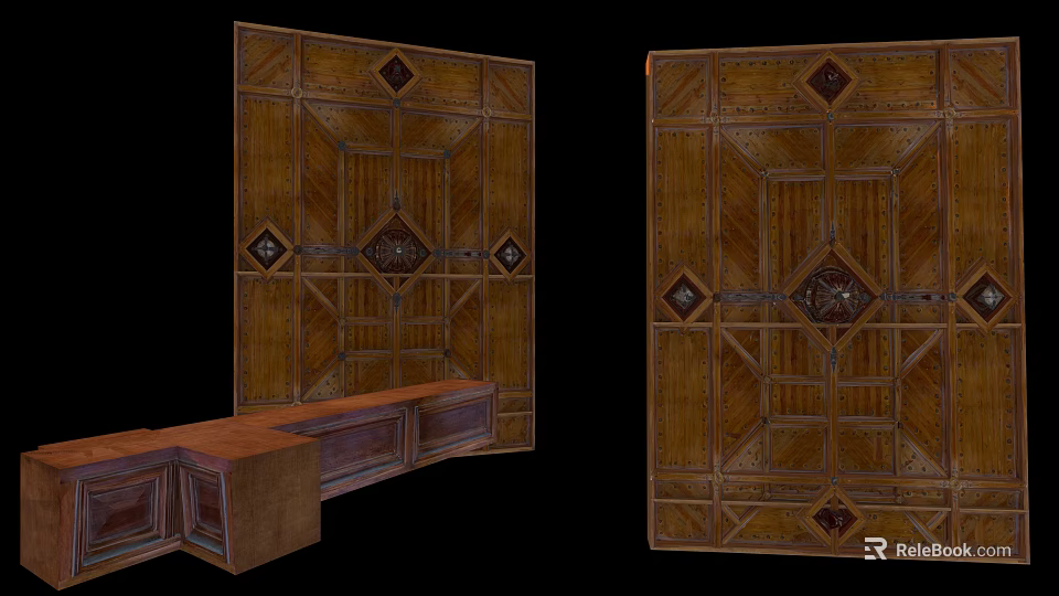 Carved Wooden Architectural Panel Featuring Geometric Patterns And Diamond Inlays 3d model 