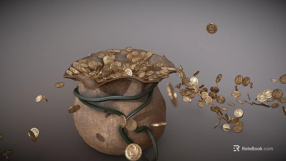Traditional Clay Pottery Jar Overflowing With Gold Coins And Scattered Coins 3d model 