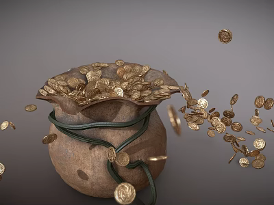 Traditional Clay Pottery Jar Overflowing With Gold Coins And Scattered Coins 3d model