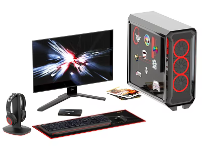 Gaming PC Setup With Transparent Case Red Fans Monitor Keyboard And Headphones 3d model