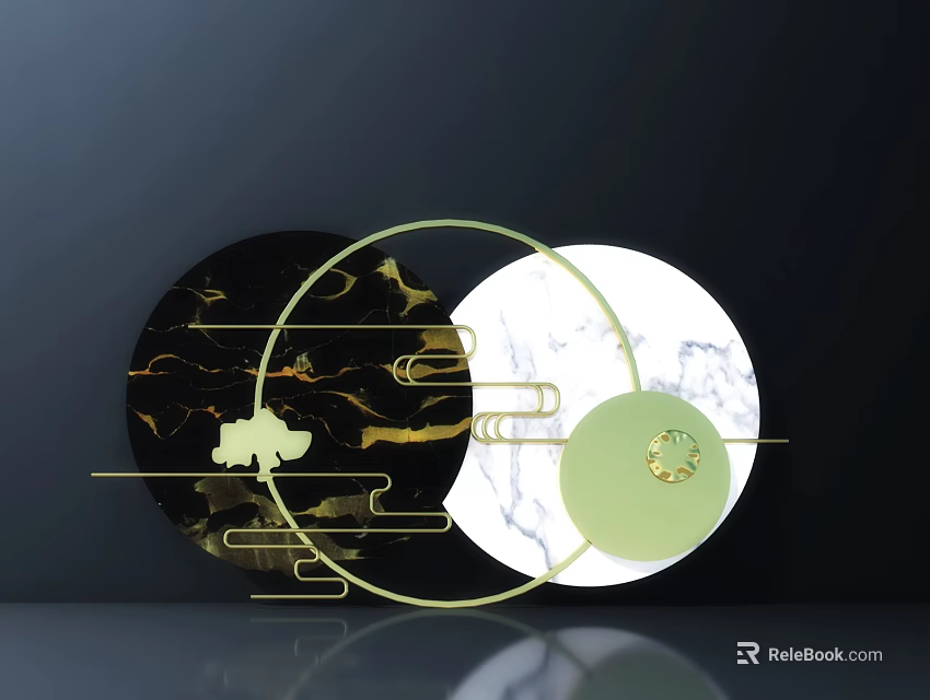 Modern Wall Decor With Round Black Gold Accents And Marble Texture Design 3d model 