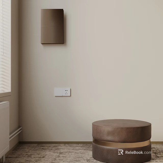 Round Brown Leather Side Table With Gold Legs In Beige Wall Room 3d model 