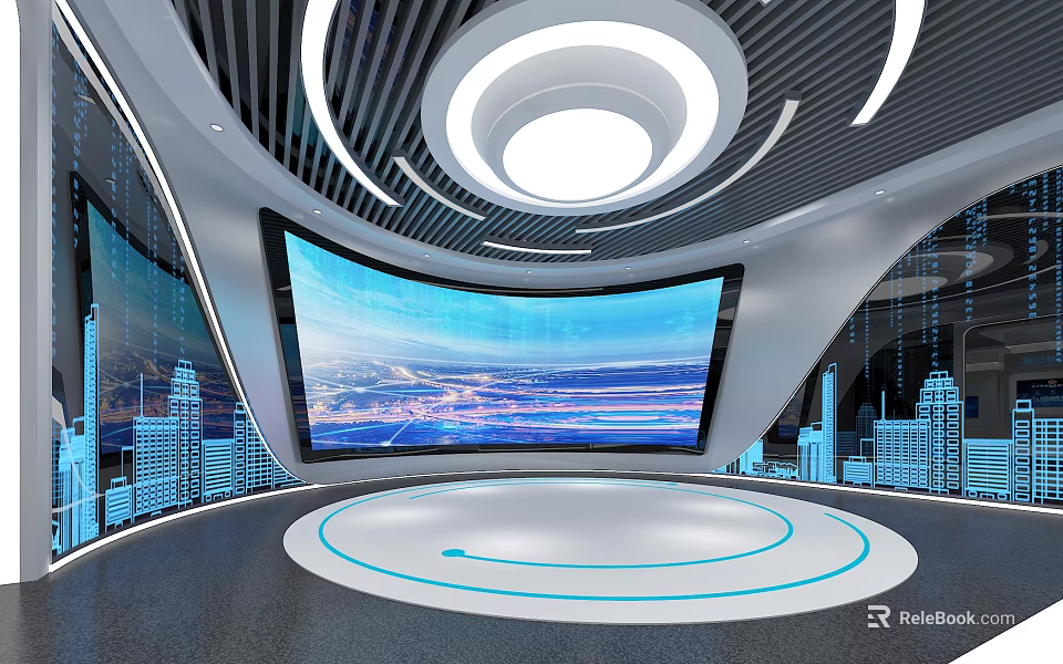 Futuristic Exhibition Space Featuring Large Curved Screen Cityscape Display And Circular Lit Ceiling Platform 3d model 