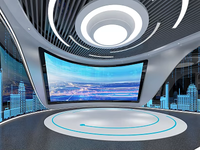 Futuristic Exhibition Space Featuring Large Curved Screen Cityscape Display And Circular Lit Ceiling Platform 3d model