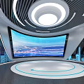 Futuristic Exhibition Space Featuring Large Curved Screen Cityscape Display And Circular Lit Ceiling Platform