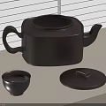 Dark Brown Square Teapot With Small Cup And Lid On Light Colored Tabletop By Blinds
