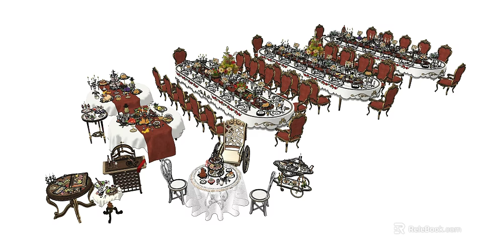 Elegant Formal Dining Table Set With Red Chairs Tableware And Decorative Centerpieces 3d model 