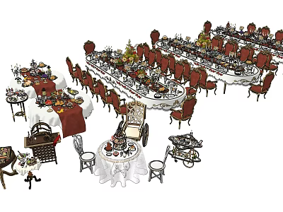 Elegant Formal Dining Table Set With Red Chairs Tableware And Decorative Centerpieces 3d model
