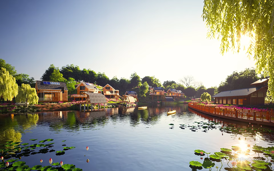 Scenic Detached Villa By Lake With Lotus Reflections And Green Willow Trees 3d model 