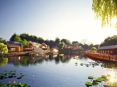 Scenic Detached Villa By Lake With Lotus Reflections And Green Willow Trees 3d model