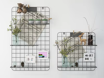 Stylish Metal Grid Wall Shelves with Green Plants Vases Newspaper and Decorative Items 3d model