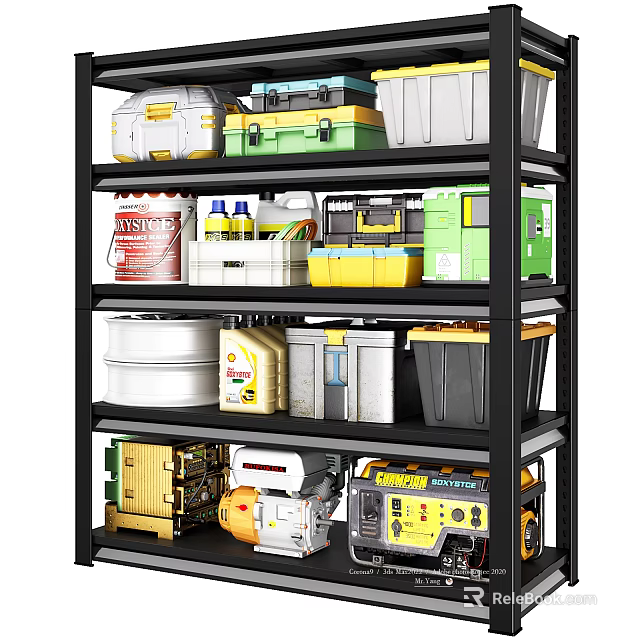 Multi tier Industrial Storage Shelf with Tools Boxes Containers and Equipment 3d model 