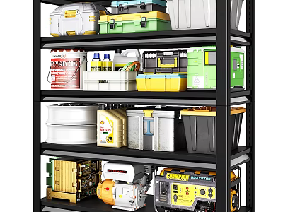 Multi tier Industrial Storage Shelf with Tools Boxes Containers and Equipment 3d model