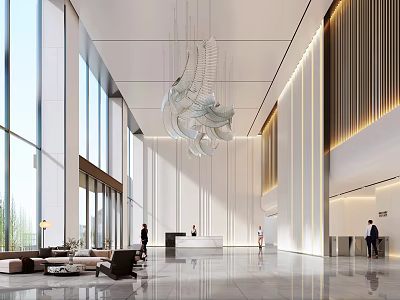 Modern Front Desk Reception Lobby With Large Windows Decorative Chandelier And Sofa Seating 3d model