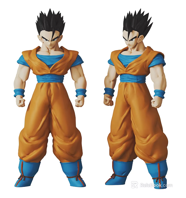 Anime Action Figure Dolls In Orange Outfit With Blue Belt Cuffs And Boots Standing Pose 3d model 