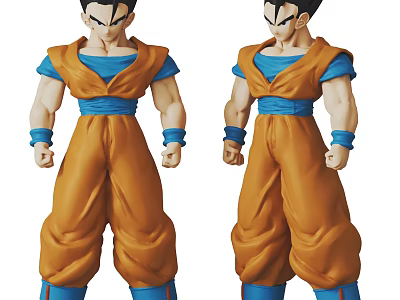 Anime Action Figure Dolls In Orange Outfit With Blue Belt Cuffs And Boots Standing Pose 3d model