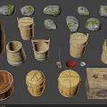 Traditional Wooden Crafts and Natural Stone Rocks with Handmade Buckets Boxes and Decorative Stones