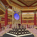 Ancient Architecture Interior With Red Pillars Golden Decorations Wooden Ceiling And Circular Blue Window