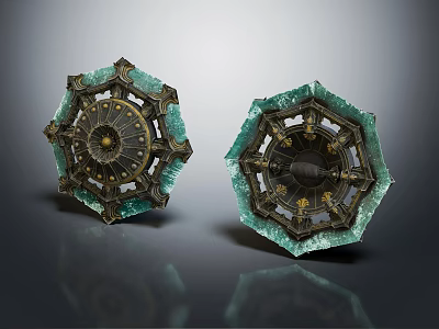 Ornate Octagonal Decorative Pieces With Green Glass And Gold Accents 3d model