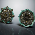 Ornate Octagonal Decorative Pieces With Green Glass And Gold Accents