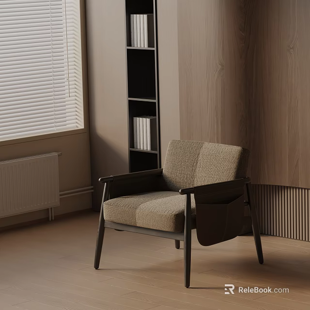 Modern Fabric Upholstered Lounge Chair with Wooden Frame Window Blinds and Wooden Wall Background 3d model 
