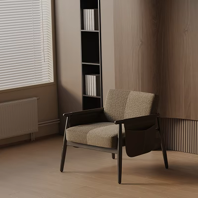 Modern Fabric Upholstered Lounge Chair with Wooden Frame Window Blinds and Wooden Wall Background 3d model
