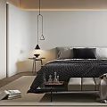 Modern Minimalist Bedroom Interior With Bedside Tables Pendant Lamp Bench Chair And Soft Rug