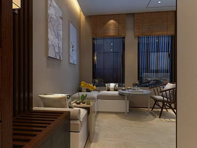 Modern Hotel Room Interior Design With Sofa Coffee Table And Wall Paintings 3d model