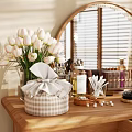 Nordic Style Dresser Log Style Wooden Furniture Dresser Cosmetics Desktop Decoration Sea View Room Light and Shadow Atmosphere Half Package Balcony Flowers Rose 3d model