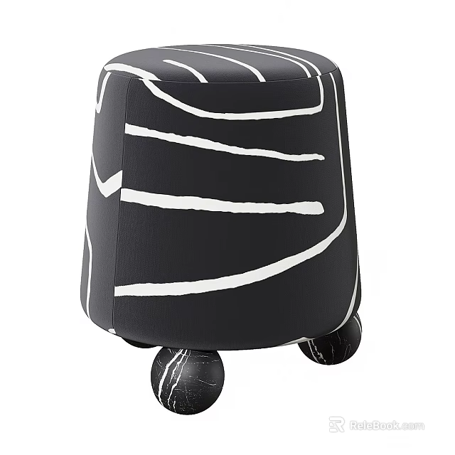 Modern Fabric Stool With Black And White Striped Pattern And Rolling Wheels Design 3d model