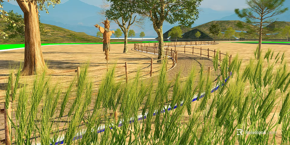 Rural Countryside Landscape with Scarecrow Trees Wooden Fence Tall Grass and Distant Mountains 3d model 