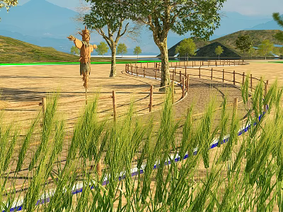 Rural Countryside Landscape with Scarecrow Trees Wooden Fence Tall Grass and Distant Mountains 3d model