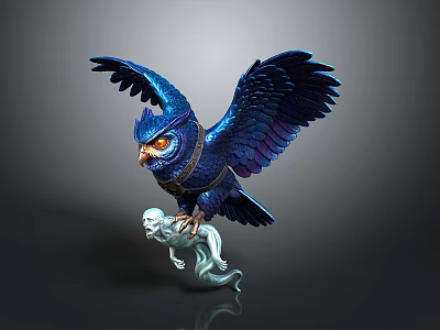 Blue Owl With Spread Wings Clutching Small White Ghost On Dark Background 3d model