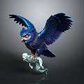 Blue Owl With Spread Wings Clutching Small White Ghost On Dark Background