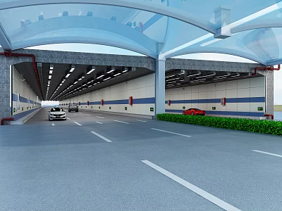 Modern Road Infrastructure Tunnel With Transparent Canopy Vehicles Lane Markings And Green Vegetation 3d model
