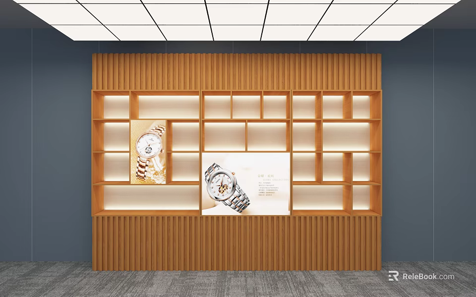 Modern Watch Store Interior With Wooden Display Shelves And Illuminated Lighting 3d model 