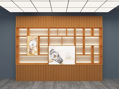 Modern Watch Store Interior With Wooden Display Shelves And Illuminated Lighting 3d model