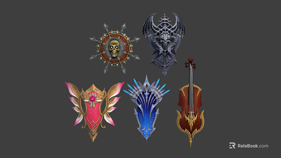 Elaborate Intricate Fantasy Decorative Ornaments With Skull Winged Spiked Violin Shapes 3d model 