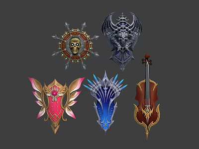 Elaborate Intricate Fantasy Decorative Ornaments With Skull Winged Spiked Violin Shapes 3d model