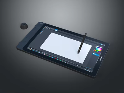 Digital Drawing Tablet with Stylus Pen Screen Displaying Blank Canvas Color Palette and Art Tools 3d model