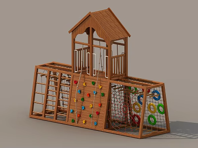 Wooden Playground Climbing Structure with House Shaped Top Ladder Colorful Climbing Holds Netting and Rings 3d model