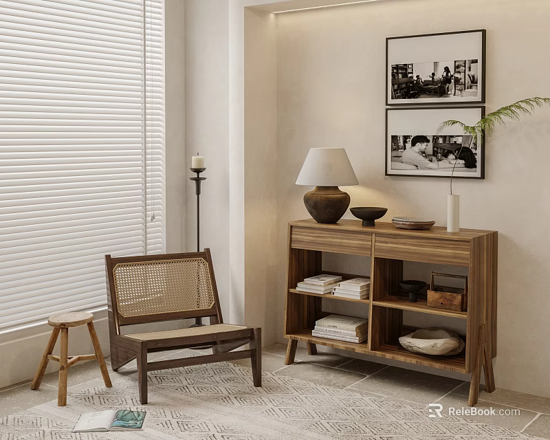 Modern Wooden Decorative Cabinet with Storage Shelves Rattan Chair Wall Art Table Lamp and Decorative Bowls 3d model 