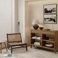 Modern Wooden Decorative Cabinet with Storage Shelves Rattan Chair Wall Art Table Lamp and Decorative Bowls