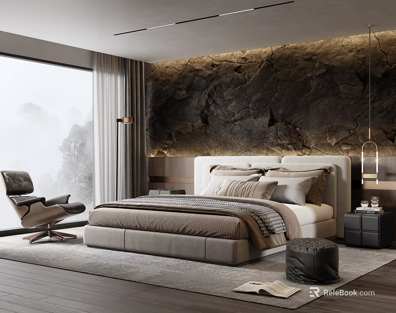 Bedroom Interior With Decorative Wall Large Bed Nightstand Accent Chair And Window View 3d model 