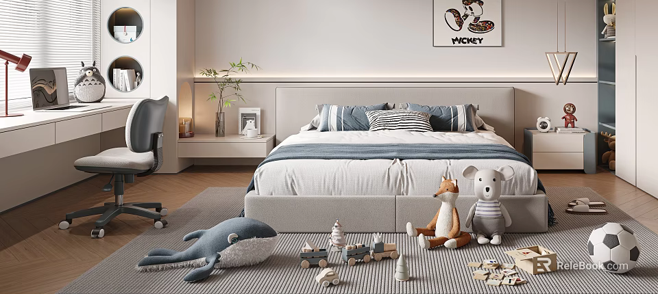 Kids Bed with Blue White Striped Bedding Stuffed Toys Building Blocks and Toy Train 3d model 