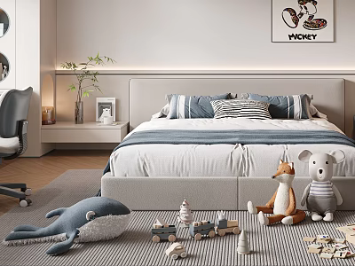 Kids Bed with Blue White Striped Bedding Stuffed Toys Building Blocks and Toy Train 3d model