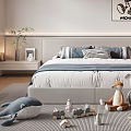 Kids Bed with Blue White Striped Bedding Stuffed Toys Building Blocks and Toy Train
