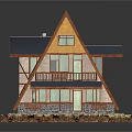 A Frame Two Story Wooden House With Blue Roof Balcony Stone Base And Grass