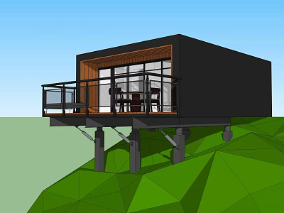 Detached Villa on Slope Black Exterior Balcony Railing Table Chairs Pillars Green Lawn Sky 3d model